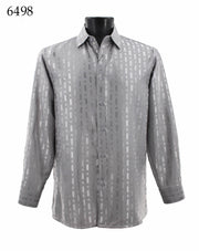 Bassiri Long Sleeve Button Down Casual Printed Men's Shirt - Shiny Tone-on-Tone Pattern Silver #6498