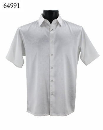 Bassiri Short Sleeve Button Down Casual Tone on Tone Men's Shirt - Shiny Pattern White #64991