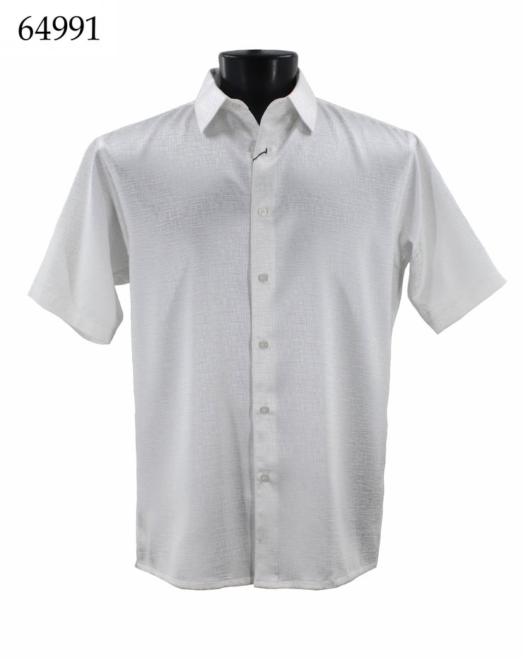 Bassiri Short Sleeve Button Down Casual Tone on Tone Men's Shirt - Shiny Pattern White #64991