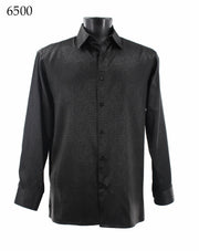 Bassiri Long Sleeve Button Down Casual Printed Men's Shirt - Shiny Tone-on-Tone Pattern Black #6500