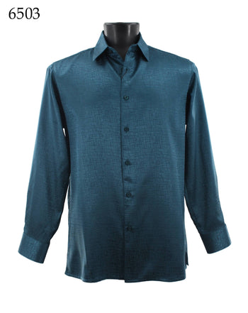 Bassiri Long Sleeve Button Down Casual Printed Men's Shirt - Shiny Tone-on-Tone Peacock White #6503