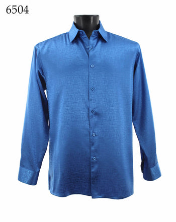 Bassiri Long Sleeve Button Down Casual Printed Men's Shirt - Shiny Tone-on-Tone Pattern Royal Blue #6504