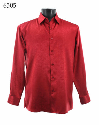 Bassiri Long Sleeve Button Down Casual Printed Men's Shirt - Shiny Tone-on-Tone Pattern Red #6505