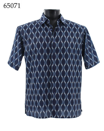 Bassiri Short Sleeve Button Down Casual Printed Men's Shirt - Diamond Pattern Navy #65071