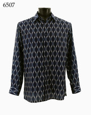 Bassiri Long Sleeve Button Down Casual Printed Men's Shirt - Diamond Pattern Navy #6507