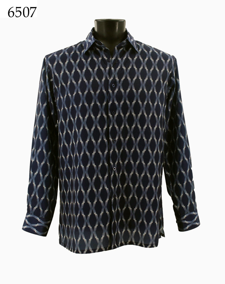 Bassiri Long Sleeve Button Down Casual Printed Men's Shirt - Diamond Pattern Navy #6507