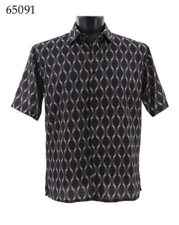 Bassiri Short Sleeve Button Down Casual Printed Men's Shirt - Diamond Pattern Black #65091
