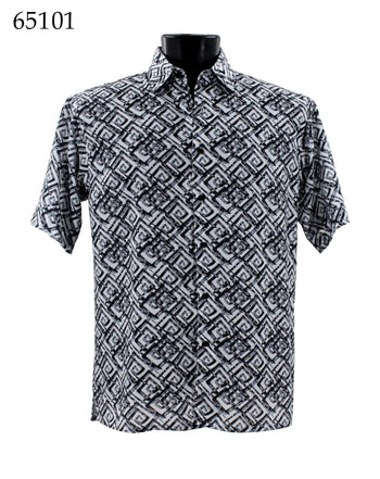 Bassiri Short Sleeve Button Down Casual Printed Men's Shirt -Geometric Pattern White #65101