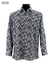 Bassiri Long Sleeve Button Down Casual Printed Men's Shirt -Geometric Pattern White #6510