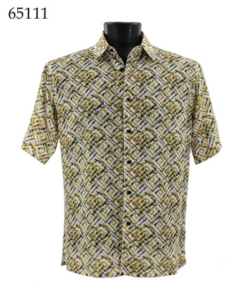 Bassiri Short Sleeve Button Down Casual Printed Men's Shirt -Geometric Pattern Yellow #65111