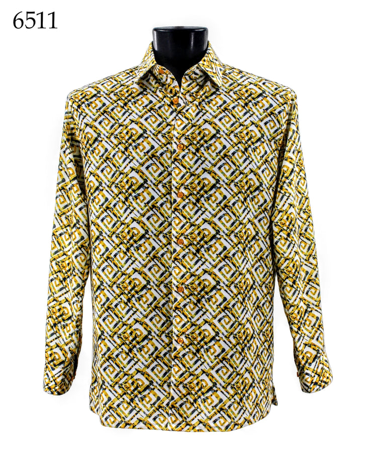 Bassiri Long Sleeve Button Down Casual Printed Men's Shirt - Geometric Pattern Yellow #6511