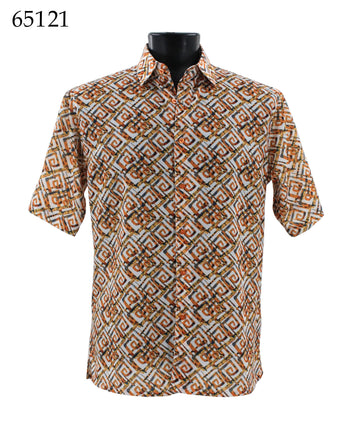 Bassiri Short Sleeve Button Down Casual Printed Men's Shirt -Geometric Pattern Orange #65121