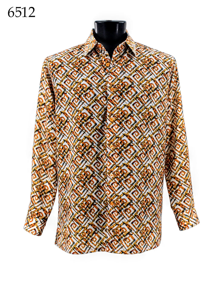 Bassiri Long Sleeve Button Down Casual Printed Men's Shirt - Geometric Pattern Orange #6512