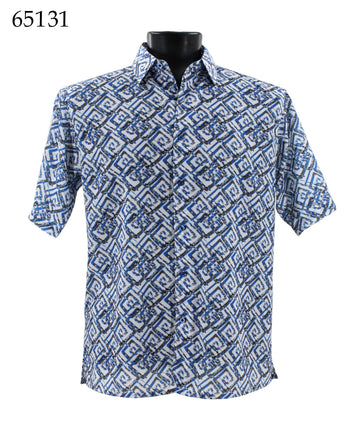 Bassiri Short Sleeve Button Down Casual Printed Men's Shirt -Geometric Pattern Blue #65131