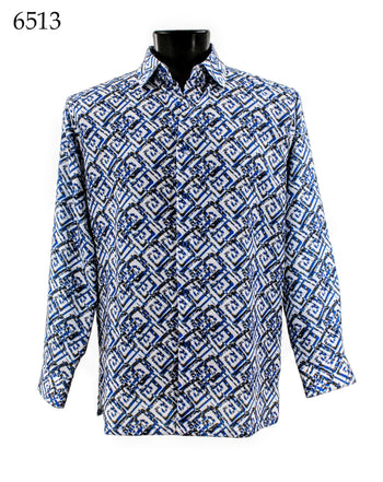 Bassiri Long Sleeve Button Down Casual Printed Men's Shirt - Geometric Pattern Blue #6513