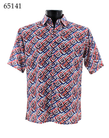 Bassiri Short Sleeve Button Down Casual Printed Men's Shirt -Geometric Pattern Red #65141