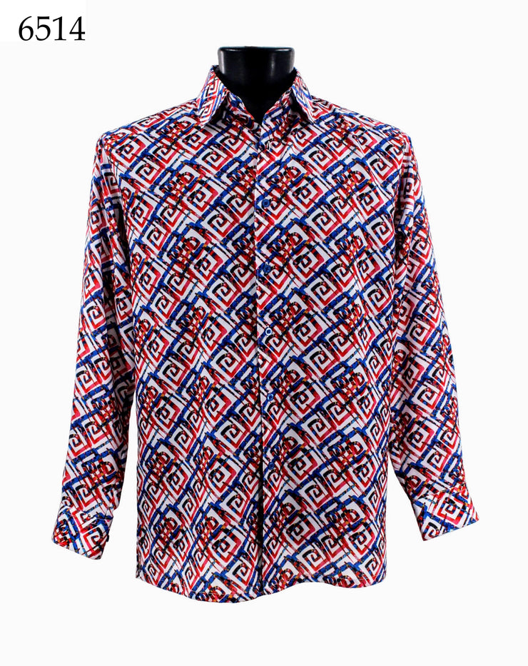 Bassiri Long Sleeve Button Down Casual Printed Men's Shirt - Geometric Pattern Red & Blue #6514