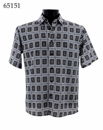 Bassiri Short Sleeve Button Down Casual Printed Men's Shirt - Geometric Pattern White #65151