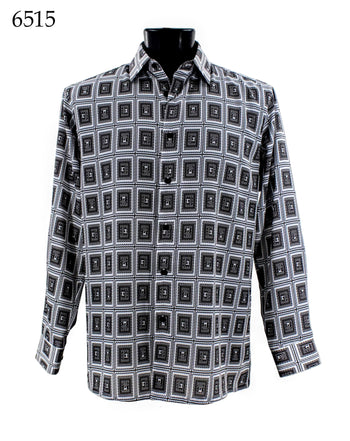 Bassiri Long Sleeve Button Down Casual Printed Men's Shirt - Geometric Pattern White #6515