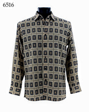 Bassiri Long Sleeve Button Down Casual Printed Men's Shirt - Geometric Pattern Butter #6516
