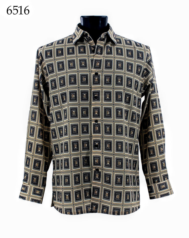Bassiri Long Sleeve Button Down Casual Printed Men's Shirt - Geometric Pattern Butter #6516