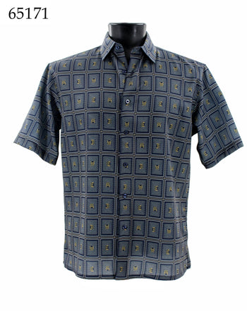 Bassiri Short Sleeve Button Down Casual Printed Men's Shirt - Geometric Pattern Navy #65171