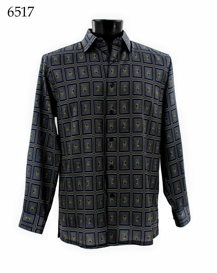 Bassiri Long Sleeve Button Down Casual Printed Men's Shirt - Geometric Pattern Navy #6517