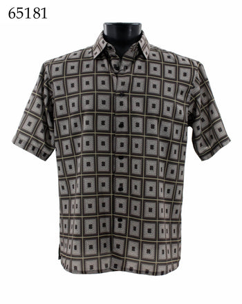 Bassiri Short Sleeve Button Down Casual Printed Men's Shirt - Geometric Pattern Brown #65181