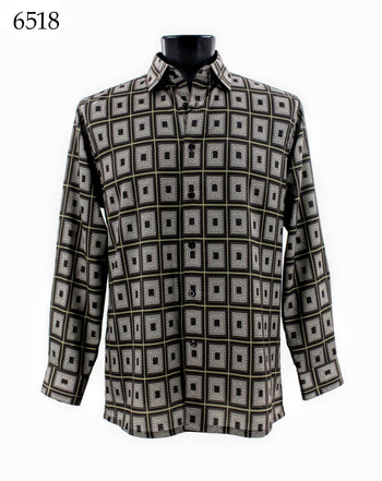 Bassiri Long Sleeve Button Down Casual Printed Men's Shirt - Geometric Pattern Brown #6518