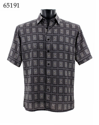 Bassiri Short Sleeve Button Down Casual Printed Men's Shirt - Geometric Pattern Black #65191