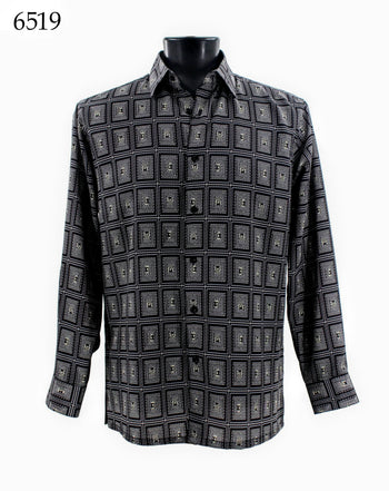 Bassiri Long Sleeve Button Down Casual Printed Men's Shirt - Geometric Pattern Black #6519