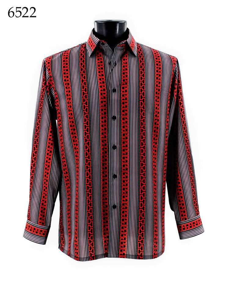 Bassiri Long Sleeve Button Down Casual Printed Men's Shirt - Stripe Pattern Red #6522