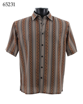 Bassiri Short Sleeve Button Down Casual Printed Men's Shirt - Stripe Pattern Brown #65231