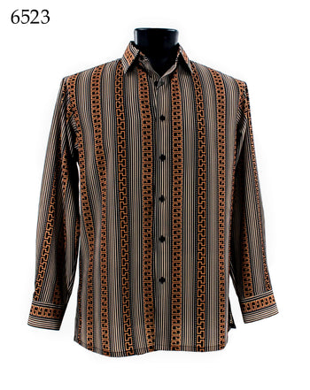 Bassiri Long Sleeve Button Down Casual Printed Men's Shirt - Stripe Pattern Brown #6523