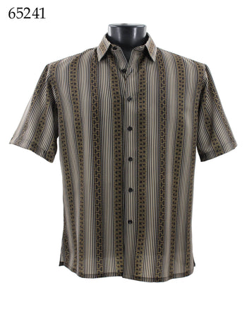 Bassiri Short Sleeve Button Down Casual Printed Men's Shirt -Stripe Pattern Olive #65241
