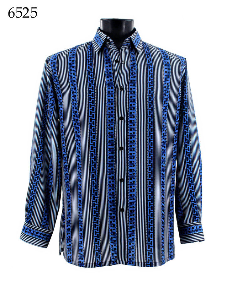 Bassiri Long Sleeve Button Down Casual Printed Men's Shirt - Stripe Pattern Royal Blue #6525