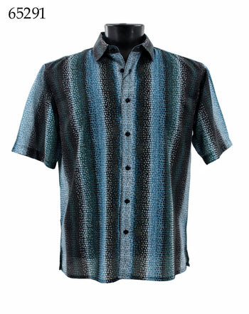 Bassiri Short Sleeve Button Down Casual Printed Men's Shirt - Printed Pattern Blue Teal #65291