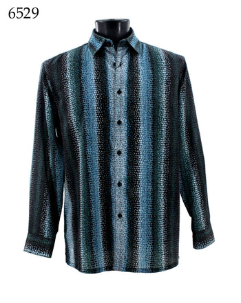 Bassiri Long Sleeve Button Down Casual Printed Men's Shirt - Printed Pattern Blue Teal #6529
