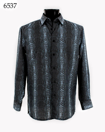 Bassiri Long Sleeve Button Down Casual Printed Men's Shirt - Stripe Pattern Light Blue #6537
