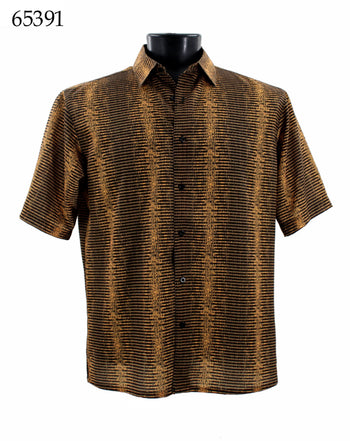 Bassiri Short Sleeve Button Down Casual Printed Men's Shirt - Stripe Pattern Gold #65391