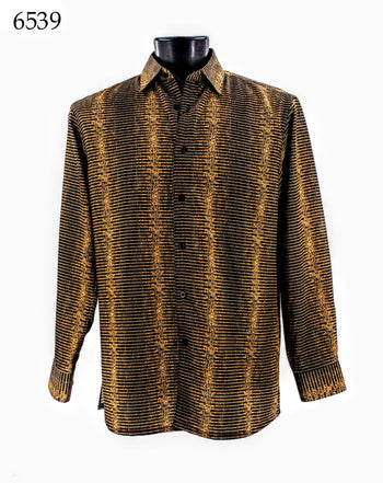 Bassiri Long Sleeve Button Down Casual Printed Men's Shirt - Stripe Pattern Gold #6539