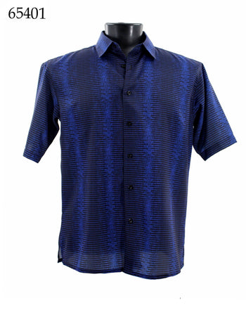 Bassiri Short Sleeve Button Down Casual Printed Men's Shirt - Stripe Pattern Royal Blue #65401