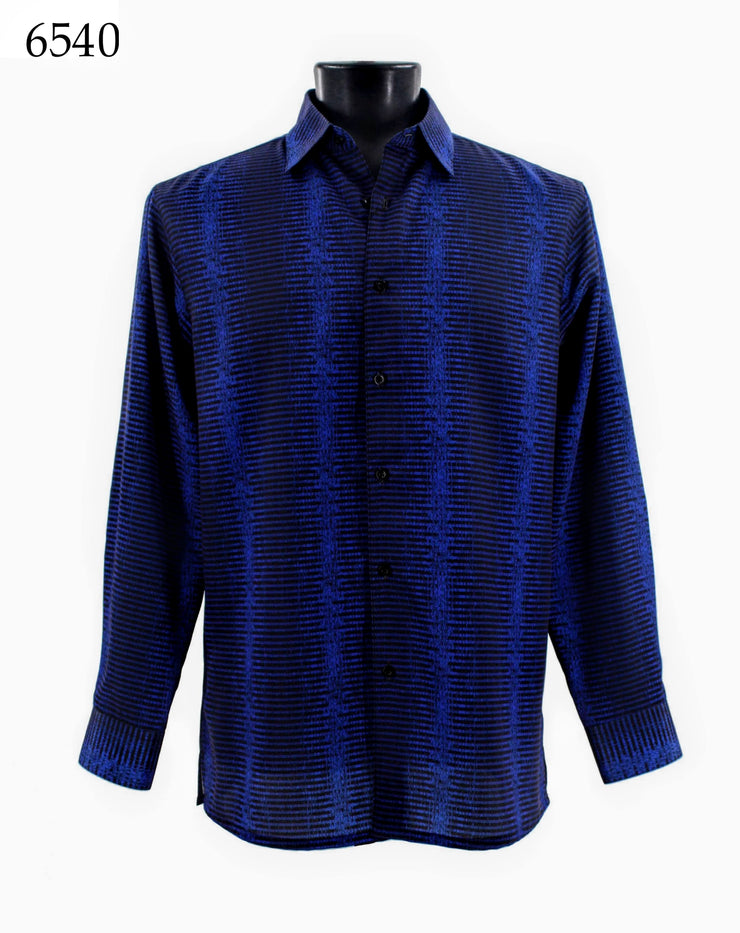 Bassiri Long Sleeve Button Down Casual Printed Men's Shirt - Stripe Pattern Royal Blue #6540