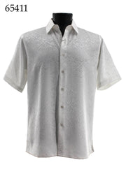 Bassiri Short Sleeve Button Down Casual Tone on Tone Men's Shirt - Shiny Floral Pattern White #65411