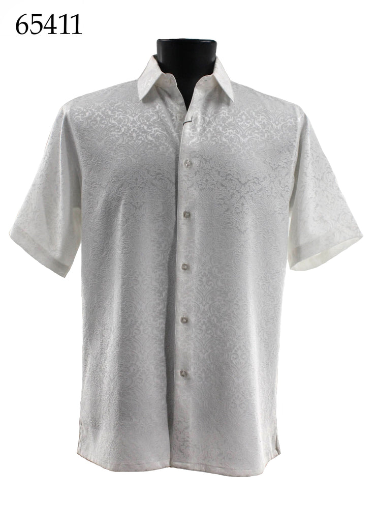 Bassiri Short Sleeve Button Down Casual Tone on Tone Men's Shirt - Shiny Floral Pattern White #65411