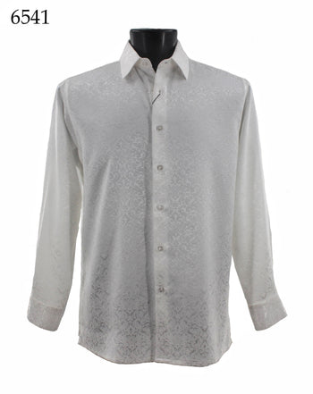 Bassiri Long Sleeve Button Down Casual Printed Men's Shirt - Shiny Floral Pattern White #6541