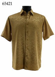 Bassiri Short Sleeve Button Down Casual Tone on Tone Men's Shirt - Shiny Floral Pattern Gold #65421