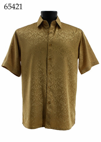 Bassiri Short Sleeve Button Down Casual Tone on Tone Men's Shirt - Shiny Floral Pattern Gold #65421
