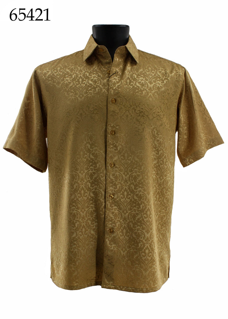 Bassiri Short Sleeve Button Down Casual Tone on Tone Men's Shirt - Shiny Floral Pattern Gold #65421