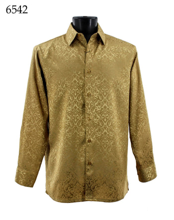 Bassiri Long Sleeve Button Down Casual Printed Men's Shirt - Shiny Floral Pattern Gold #6542